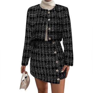 Chic Black and White Tweed Skirt Set Long Sleeve Tweed Set Mini
